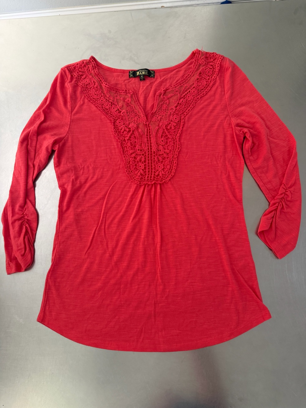 Berry Red 3/4 Sleeve Top with Lace V-Neck Sz S/M Ruching Cottage Feminine